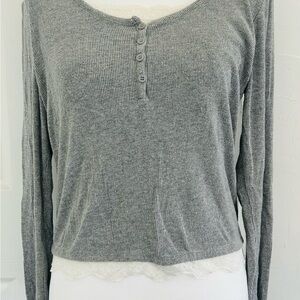 Self Esteem Grey Ribbed Henley Long Sleeve Top with Lace Trim